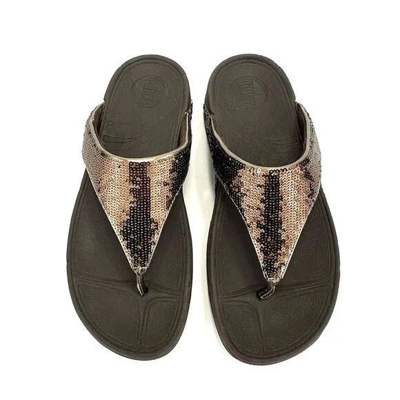 FITFLOP &quot;LULU&quot; BROWN SEQUIN THONG TOE PLATFORM SANDALS