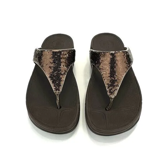 FITFLOP &quot;LULU&quot; BROWN SEQUIN THONG TOE PLATFORM SANDALS