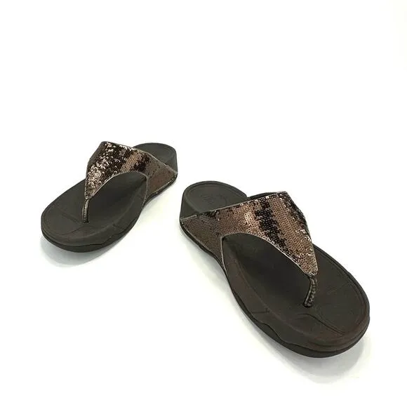 FITFLOP &quot;LULU&quot; BROWN SEQUIN THONG TOE PLATFORM SANDALS