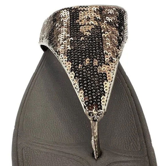 FITFLOP &quot;LULU&quot; BROWN SEQUIN THONG TOE PLATFORM SANDALS