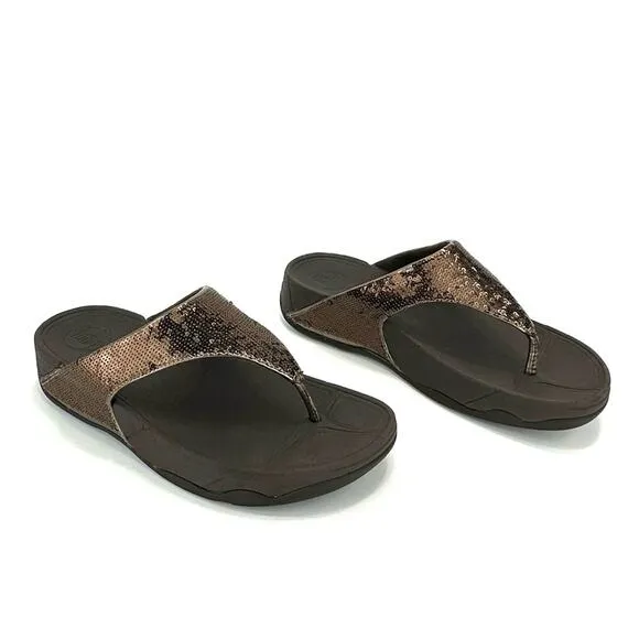 FITFLOP &quot;LULU&quot; BROWN SEQUIN THONG TOE PLATFORM SANDALS
