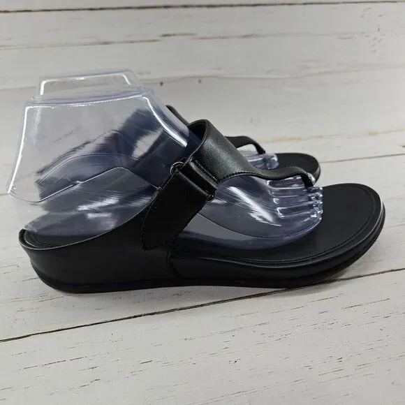 FitFlop Sandals Womens 9 Vera Thong Black Faux Leather Casual Toe‎ Post X49-090
