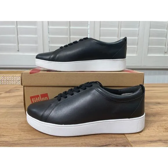 Fitflop Women's Rally Black Leather Sneakers Size 7.5 NIB Classic Arch Support
