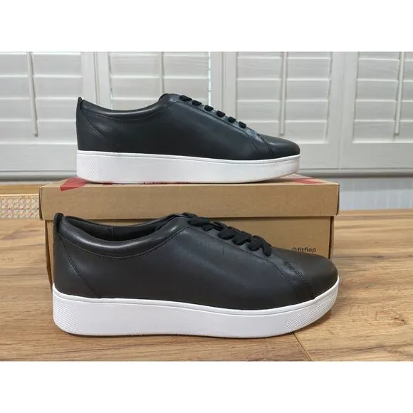 Fitflop Women's Rally Black Leather Sneakers Size 7.5 NIB Classic Arch Support