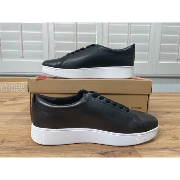 Fitflop Women's Rally Black Leather Sneakers Size 7.5 NIB Classic Arch Support