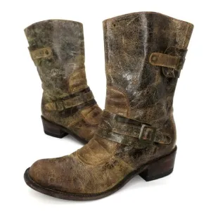 Five Worlds Distressed Mid Calf Crinkle Leather Moto Boots Zipper Women's 9.5B