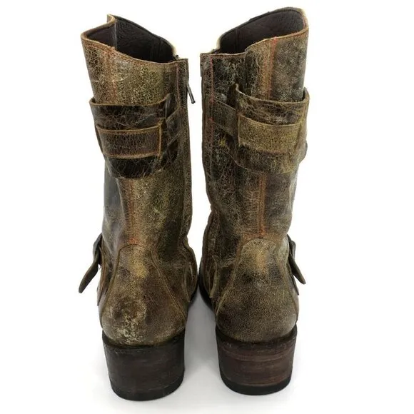 Five Worlds Distressed Mid Calf Crinkle Leather Moto Boots Zipper Women's 9.5B
