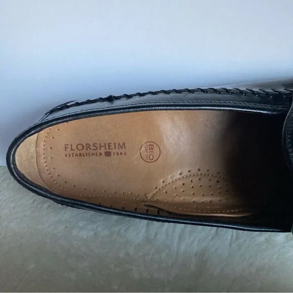 FLOURSHEIM Bio Comfort Black Leather Woven Braided Wave Penny Loafers Men’s 13