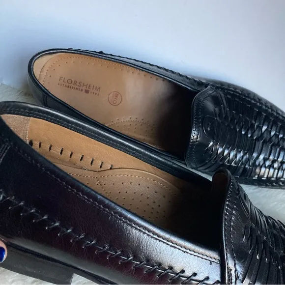FLOURSHEIM Bio Comfort Black Leather Woven Braided Wave Penny Loafers Men’s 13