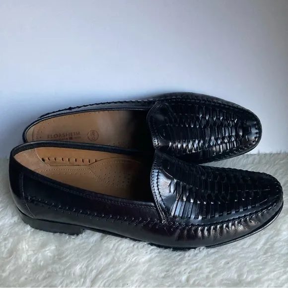 FLOURSHEIM Bio Comfort Black Leather Woven Braided Wave Penny Loafers Men’s 13