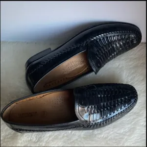 FLOURSHEIM Bio Comfort Black Leather Woven Braided Wave Penny Loafers Men’s 13