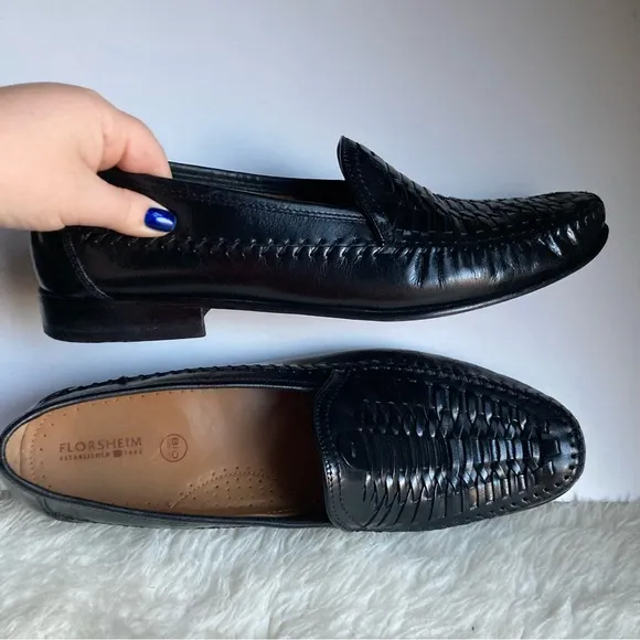 FLOURSHEIM Bio Comfort Black Leather Woven Braided Wave Penny Loafers Men’s 13