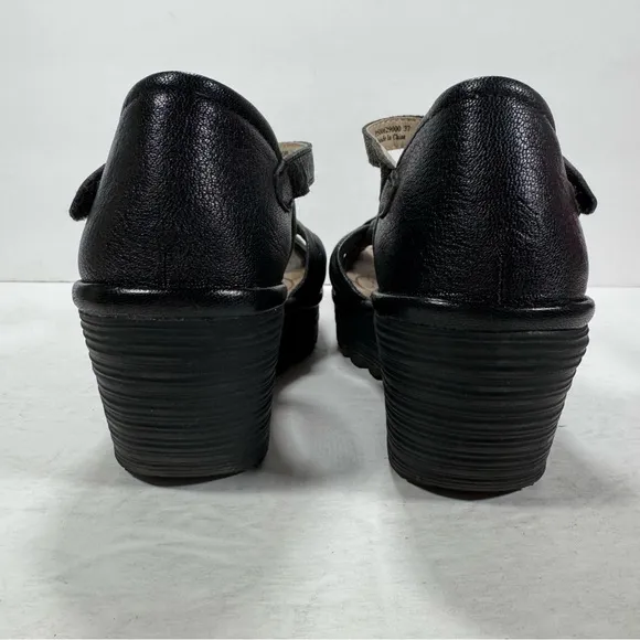 Fly London Black Leather Open Toe Ankle Strap Wedge Sandals Women Size 7