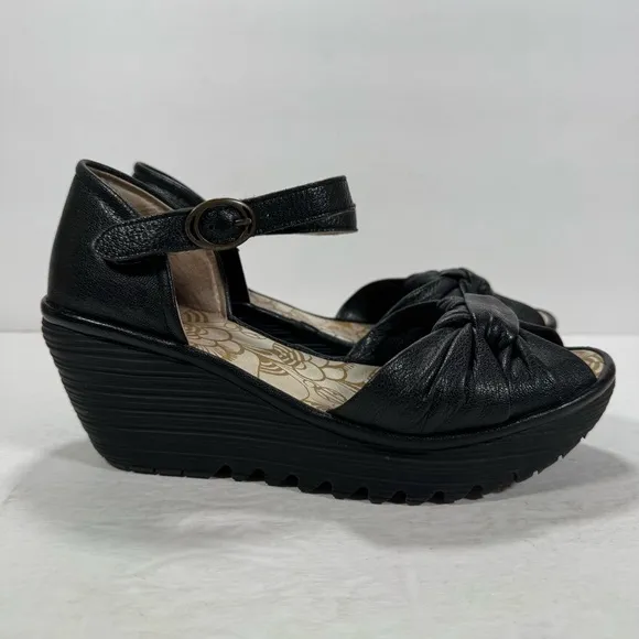 Fly London Black Leather Open Toe Ankle Strap Wedge Sandals Women Size 7