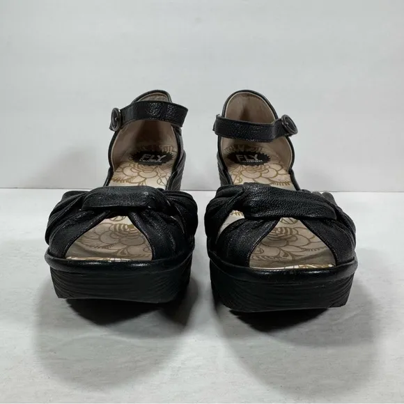 Fly London Black Leather Open Toe Ankle Strap Wedge Sandals Women Size 7