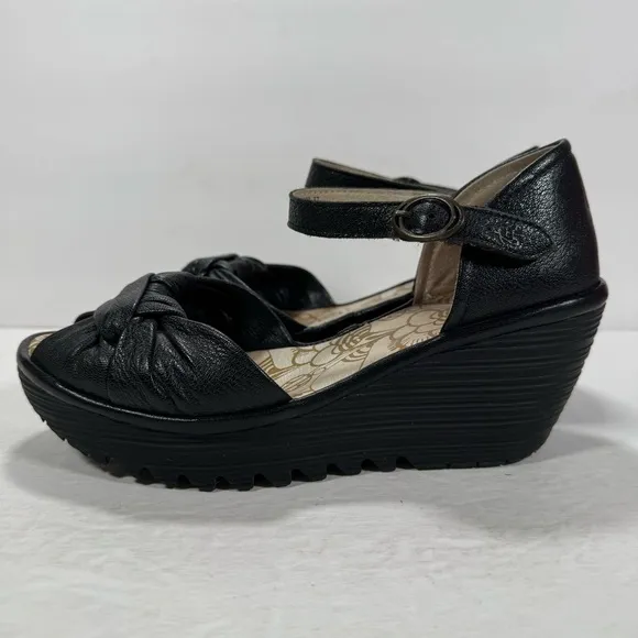 Fly London Black Leather Open Toe Ankle Strap Wedge Sandals Women Size 7