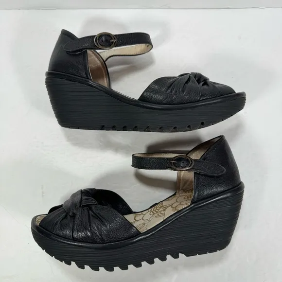 Fly London Black Leather Open Toe Ankle Strap Wedge Sandals Women Size 7