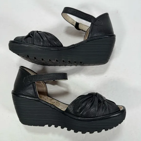 Fly London Black Leather Open Toe Ankle Strap Wedge Sandals Women Size 7