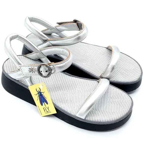 Fly London CETO SILVER Platform Chunky Padded Comfy Sandals Women's Size 39