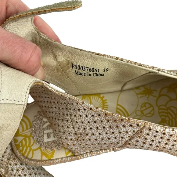 Fly London Cream and Gold Wedge Shoes with Ankle Strap