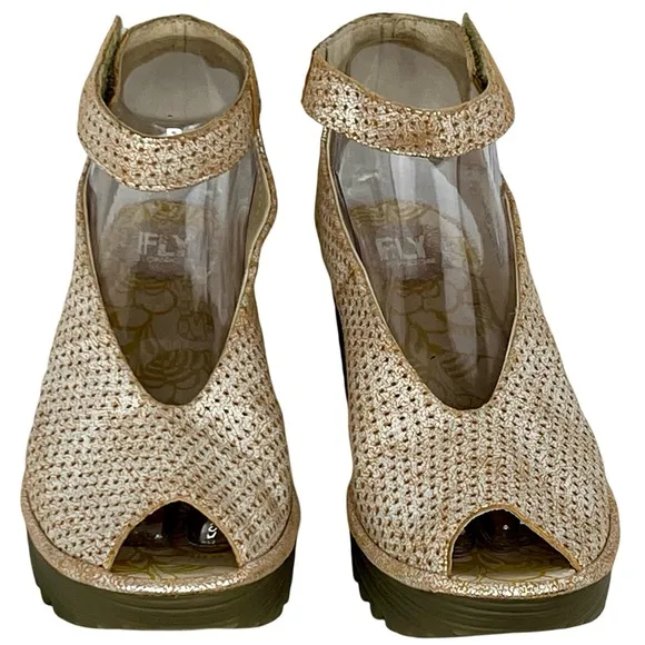 Fly London Cream and Gold Wedge Shoes with Ankle Strap