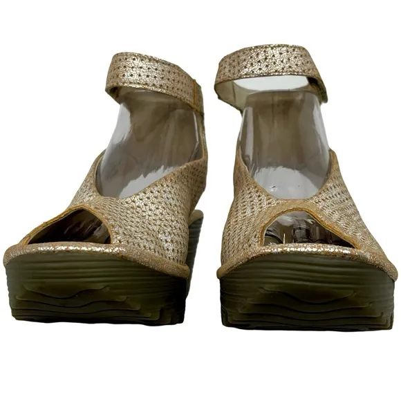 Fly London Cream and Gold Wedge Shoes with Ankle Strap