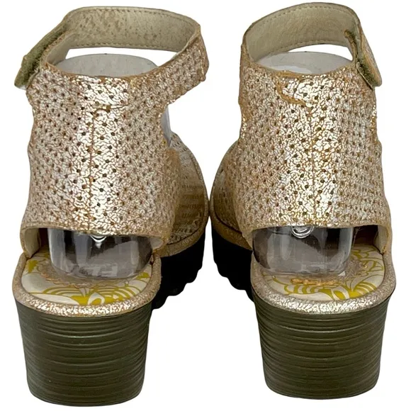 Fly London Cream and Gold Wedge Shoes with Ankle Strap