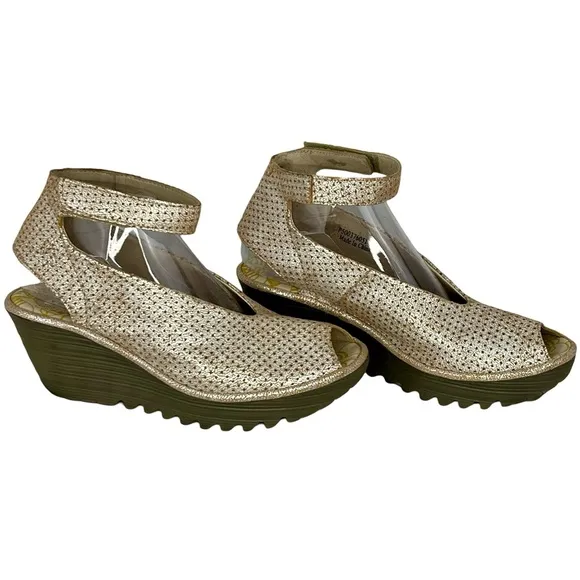 Fly London Cream and Gold Wedge Shoes with Ankle Strap