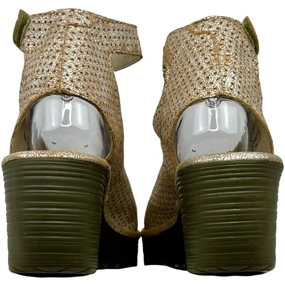 Fly London Cream and Gold Wedge Shoes with Ankle Strap
