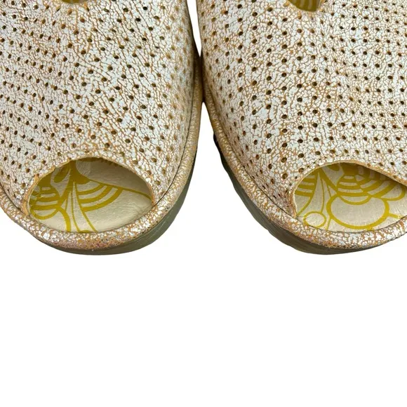 Fly London Cream and Gold Wedge Shoes with Ankle Strap