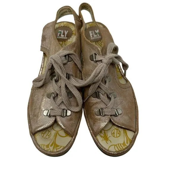Fly London Wedge Luna Sandals Women's Size 41 US 10 Gold Metallic Lace Up