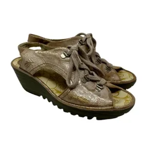 Fly London Wedge Luna Sandals Women's Size 41 US 10 Gold Metallic Lace Up
