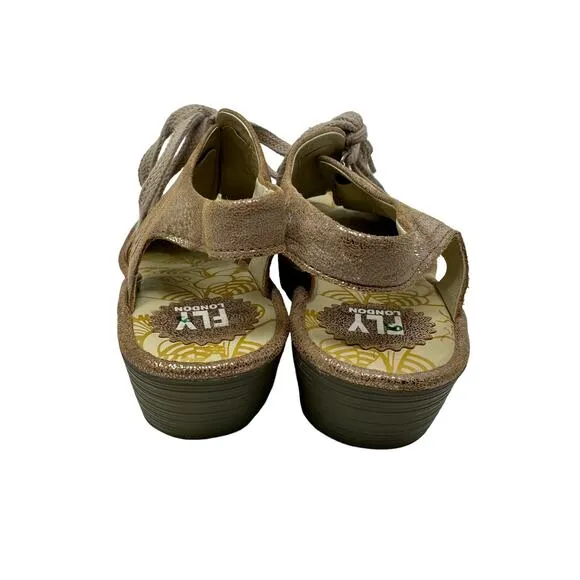 Fly London Wedge Luna Sandals Women's Size 41 US 10 Gold Metallic Lace Up