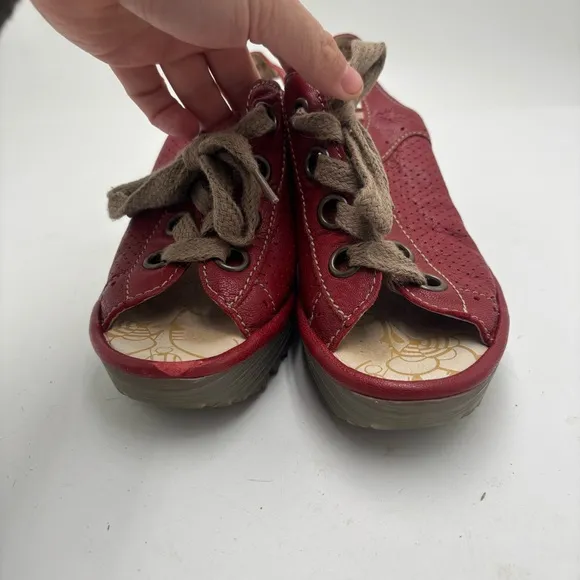 Fly London Women’s 36 Yuta Red Leather Slingback Lace Up Wedge Sandals