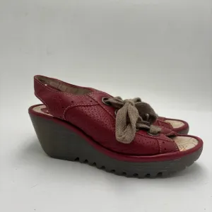 Fly London Women’s 36 Yuta Red Leather Slingback Lace Up Wedge Sandals