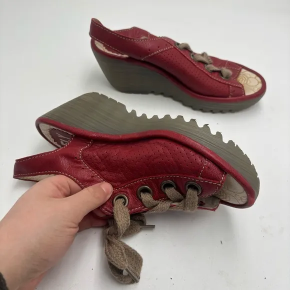 Fly London Women’s 36 Yuta Red Leather Slingback Lace Up Wedge Sandals