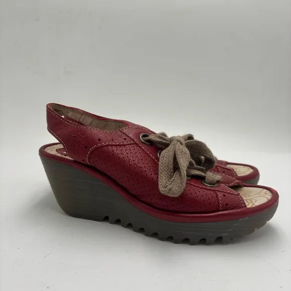 Fly London Women’s 36 Yuta Red Leather Slingback Lace Up Wedge Sandals