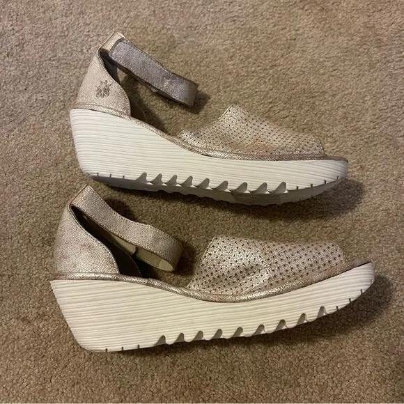 Fly London Yake Metallic Leather Wedge Sandals Women's Size 8.5 or 40EU