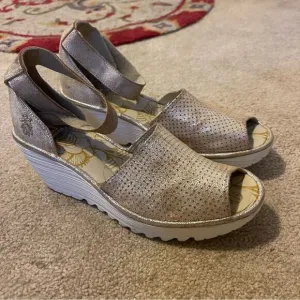 Fly London Yake Metallic Leather Wedge Sandals Women's Size 8.5 or 40EU