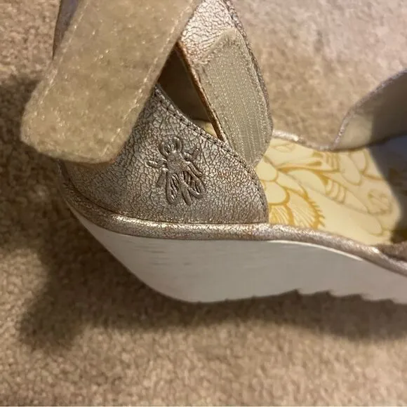 Fly London Yake Metallic Leather Wedge Sandals Women's Size 8.5 or 40EU
