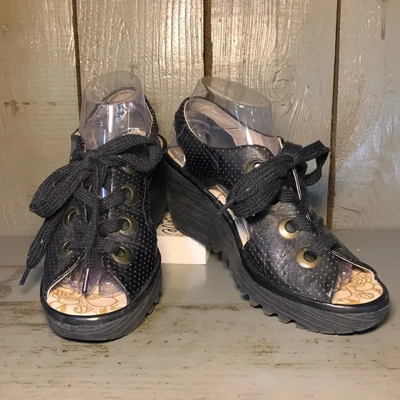 Fly London Yedu Lace Up Wedge Leather Sandals