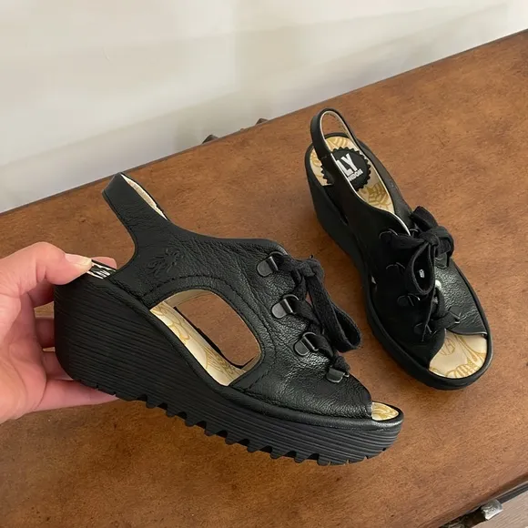 Fly London Ylva Leather Lace Up Open Peep ToeWedge Sandals Sz EU 36 (5.5-6 US)