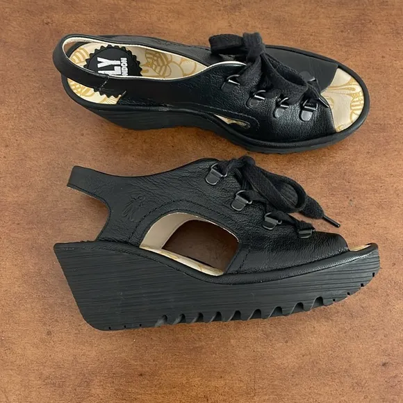 Fly London Ylva Leather Lace Up Open Peep ToeWedge Sandals Sz EU 36 (5.5-6 US)