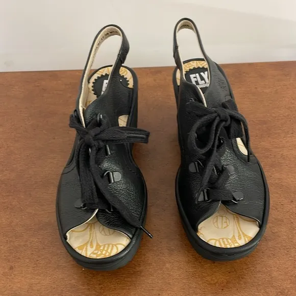Fly London Ylva Leather Lace Up Open Peep ToeWedge Sandals Sz EU 36 (5.5-6 US)