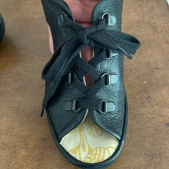 Fly London Ylva Leather Lace Up Open Peep ToeWedge Sandals Sz EU 36 (5.5-6 US)