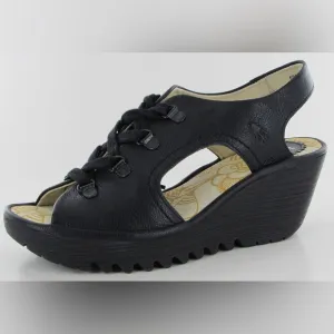 Fly London Ylva Leather Lace Up Open Peep ToeWedge Sandals Sz EU 36 (5.5-6 US)
