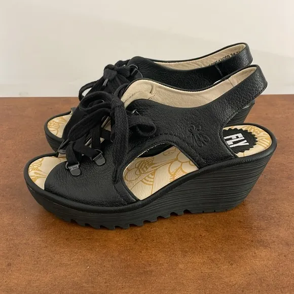 Fly London Ylva Leather Lace Up Open Peep ToeWedge Sandals Sz EU 36 (5.5-6 US)
