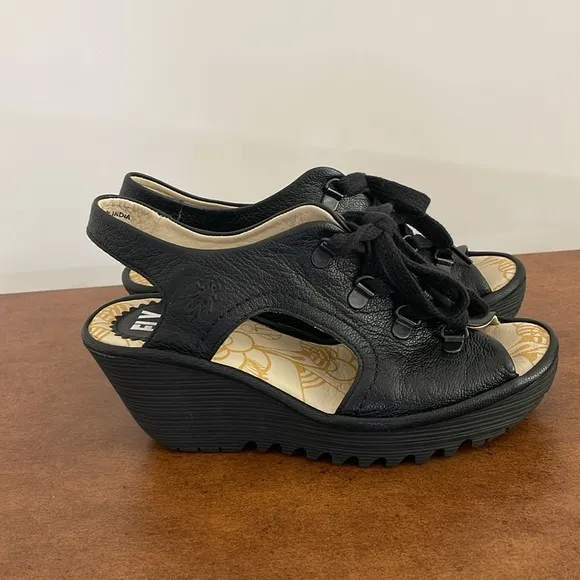 Fly London Ylva Leather Lace Up Open Peep ToeWedge Sandals Sz EU 36 (5.5-6 US)
