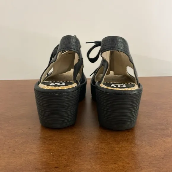 Fly London Ylva Leather Lace Up Open Peep ToeWedge Sandals Sz EU 36 (5.5-6 US)