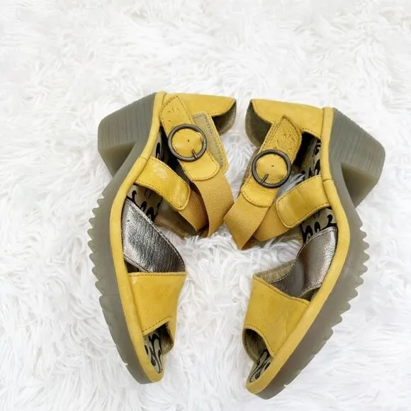 Fly London Criss Cross Metallic Peep Toe Heeled Leather Sandals